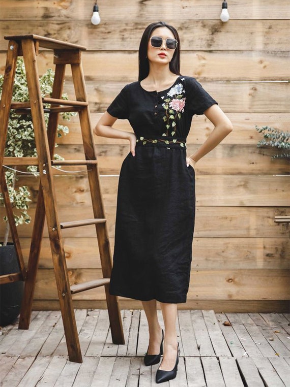 Black Linen Dress: Embroidered Hydrangea & Climber Tree Black Linen Dress: Embroidered Hydrangea & Climber Tree