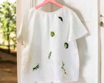 Matis und Gemüse, Handbesticktes Top für Frauen, handgemachtes weißes Top, Tinythingsmadeuhappy