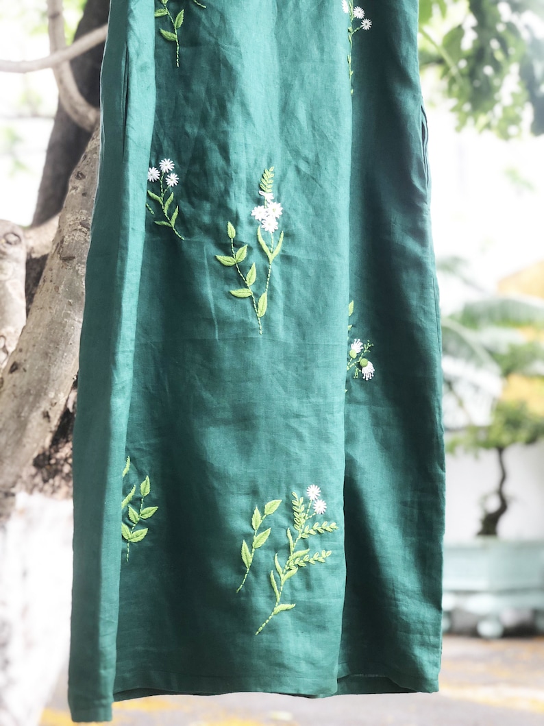 Floral embroidered linen slip dress, hand embroidery dress for women, tinythingsmadeuhappy image 5