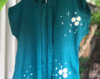 Linen dress with side split in Teal color , hand embroidery dress for women, tinythingsmadeuhappy