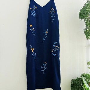 Floral embroidered linen slip dress, hand embroidery dress for women, tinythingsmadeuhappy Blue