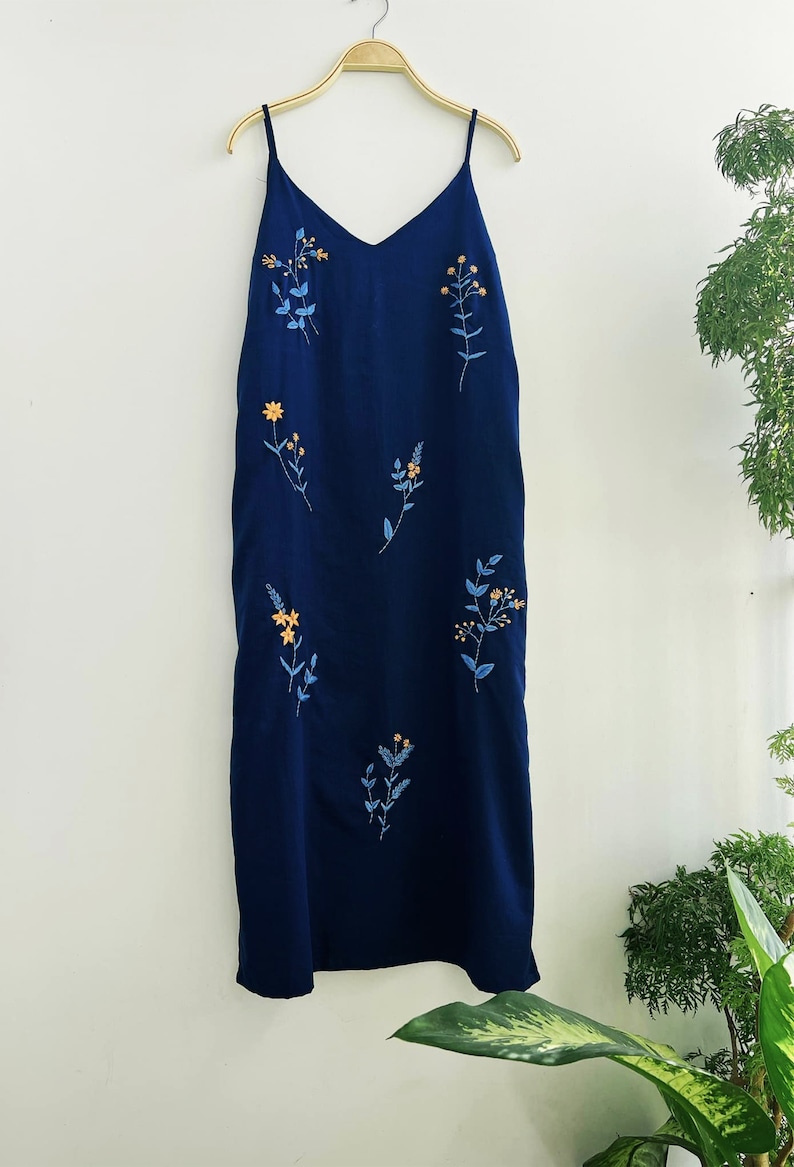 Floral embroidered linen slip dress, hand embroidery dress for women, tinythingsmadeuhappy Blue