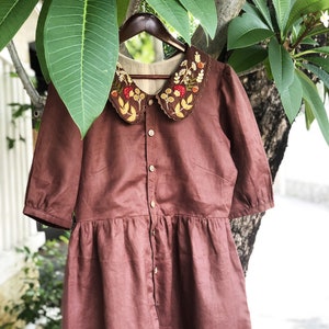 Peter pan collar dress with hand embroidered mushroom, acorn, weeds and fern, tinythingsmadeuhappy
