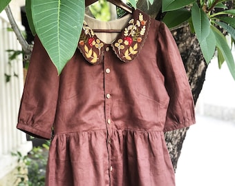 Peter pan collar dress with hand embroidered mushroom, acorn, weeds and fern, tinythingsmadeuhappy