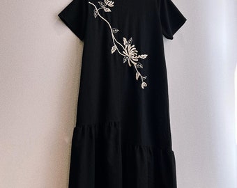 Black dress with white embroidery for women, daisy embroidery dress, handmade dress, tinythingsmadeuhappy