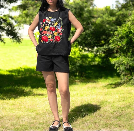 Hand Embroidered Linen Crop Top: Wild Bird & Flower Motifs