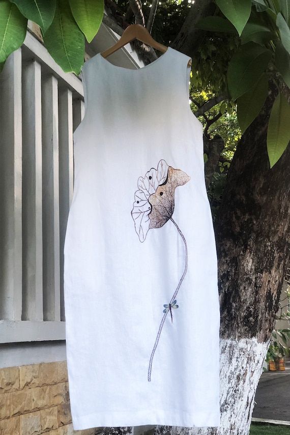 dragonfly dress design Hand Embroidered White Linen Dress: Lotus & Dragonfly Design