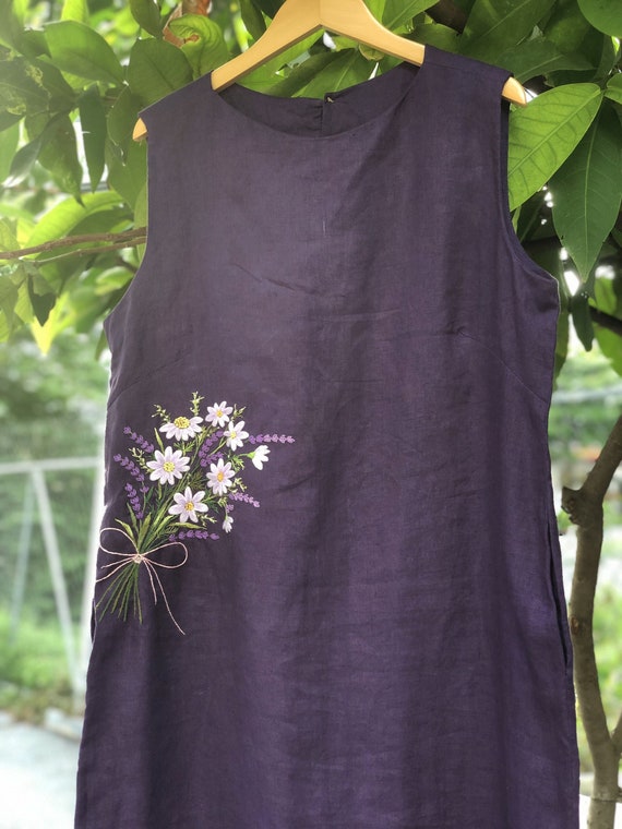Hand Embroidered Linen Dress: Dark Purple Daisy Lavender Bouquet