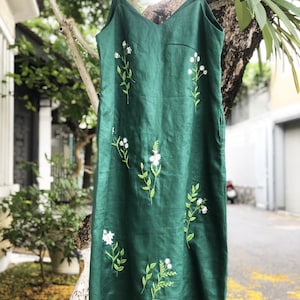 Floral embroidered linen slip dress, hand embroidery dress for women, tinythingsmadeuhappy image 2