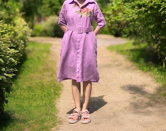 Hand Embroidered Linen Shirtdress: Peony Flower Dress