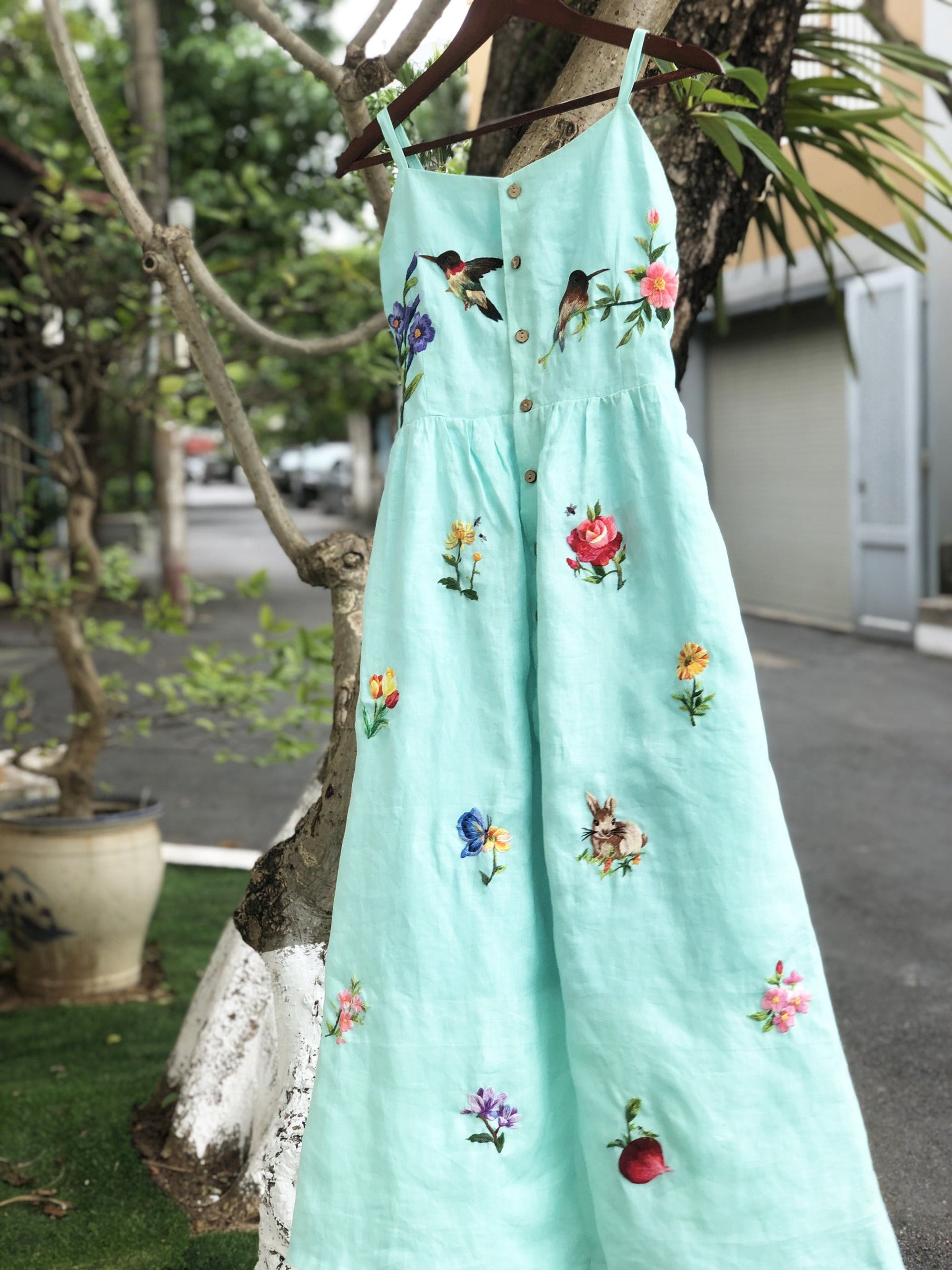 Vintage Y2K butterfly floral print button front sky blue pastel midi dress  S