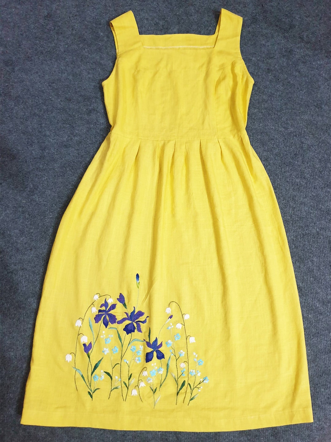 Iris Flower Embroidered Linen Dress Hand Embroidered Dress Etsy