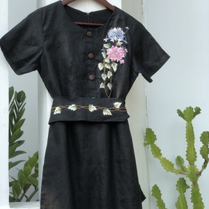 Unique black linen dress with embroidered climber tree and hydrangea, embroidered dress for woman, tinythingsmadeuhappy image 7