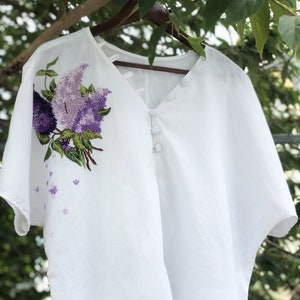 Lilac flower blouse for woman, hand embroidered linen blouse, tinythingsmadeuhappy