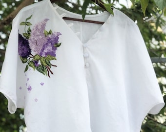 Flieder blumen bluse für frau, hand bestickte leinen bluse, tinythingsmadeuhappy