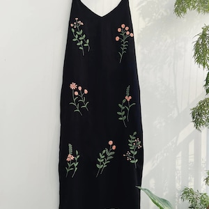 Floral embroidered linen slip dress, hand embroidery dress for women, tinythingsmadeuhappy Black