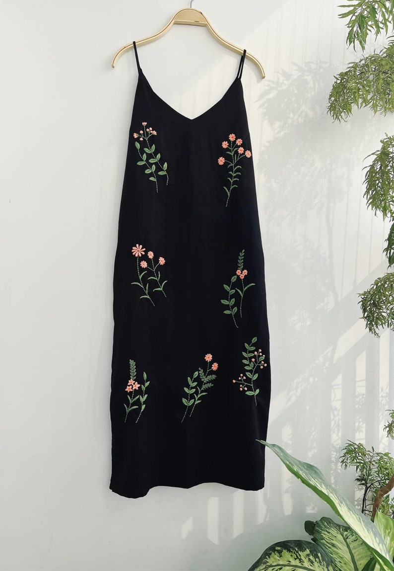 Floral embroidered linen slip dress, hand embroidery dress for women, tinythingsmadeuhappy Black