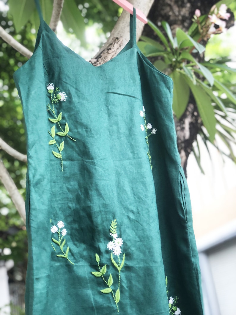 Floral embroidered linen slip dress, hand embroidery dress for women, tinythingsmadeuhappy image 4