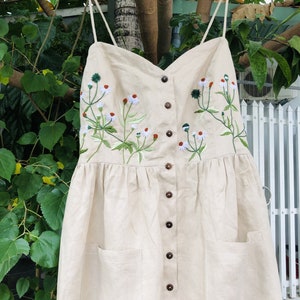 Linen dress with hand embroidered daisy flower pattern for women, tinythingsmadeuhappy