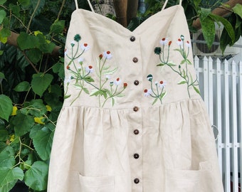 Linen dress with hand embroidered daisy flower pattern for women, tinythingsmadeuhappy
