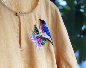 Hand embroidered blouse for woman, linen blouse with bird and flower, tinythingsmadeuhappy