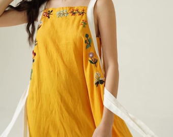 Yellow linen dress with hand embroidered flower, tinythingsmadeuhappy