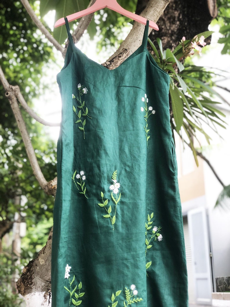 Floral embroidered linen slip dress, hand embroidery dress for women, tinythingsmadeuhappy Green