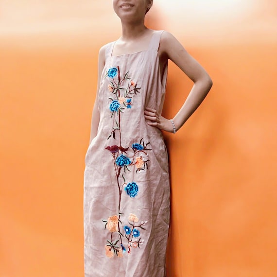 Embroidered Linen Dress: Bird and the flowering tree Design Embroidered Linen Dress: Bird and the flowering tree Design