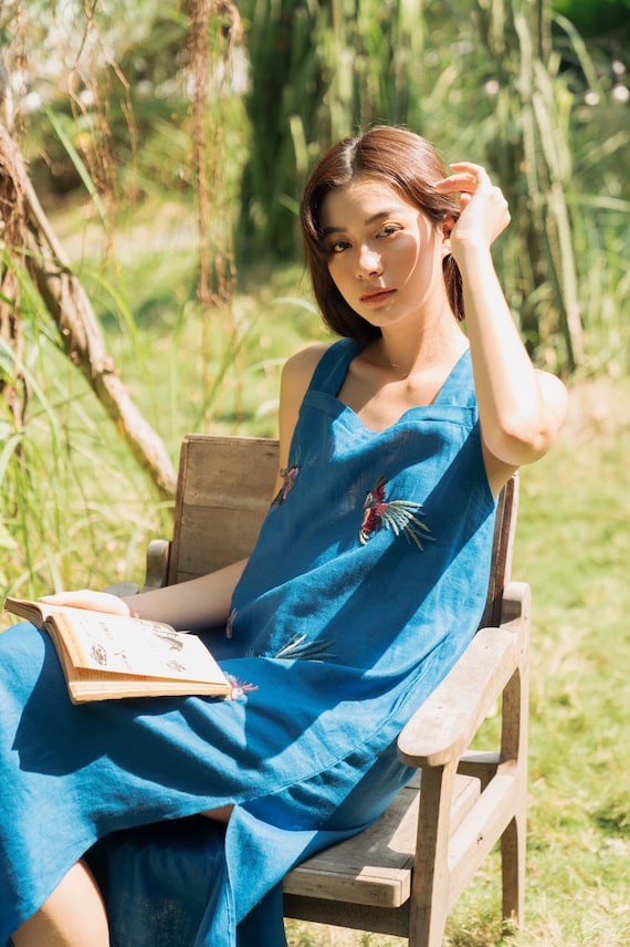 chinese dress ladies Linen Slip Dress-Navy main image 0