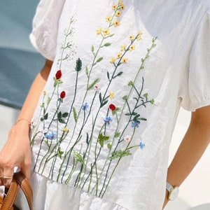 Linen dress with hand embroidered wild flower pattern for women, tinythingsmadeuhappy