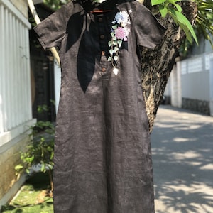 Unique black linen dress with embroidered climber tree and hydrangea, embroidered dress for woman, tinythingsmadeuhappy image 9