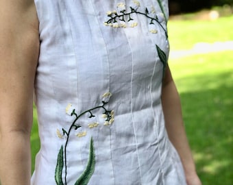 Lily dress, hand embroidered linen dress with Lily of the valley, tinythingsmadeuhappy