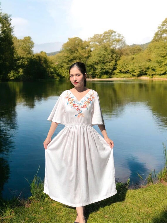 white gauze flowers embroidered dress Flowy Gauze Embroidered V-Neck Dress Mustard / One Size