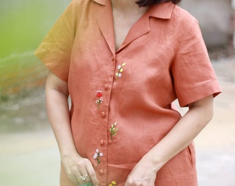 Linen shirt dress with hand embroidered flower, tinythingsmadeuhappy