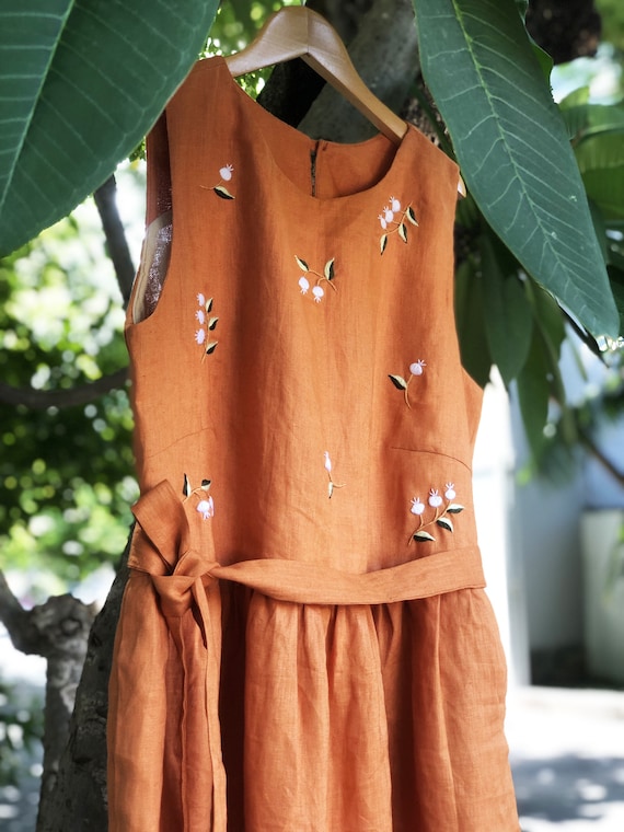 Embroidered Linen Dress for Women, Floral Embroidery Dress