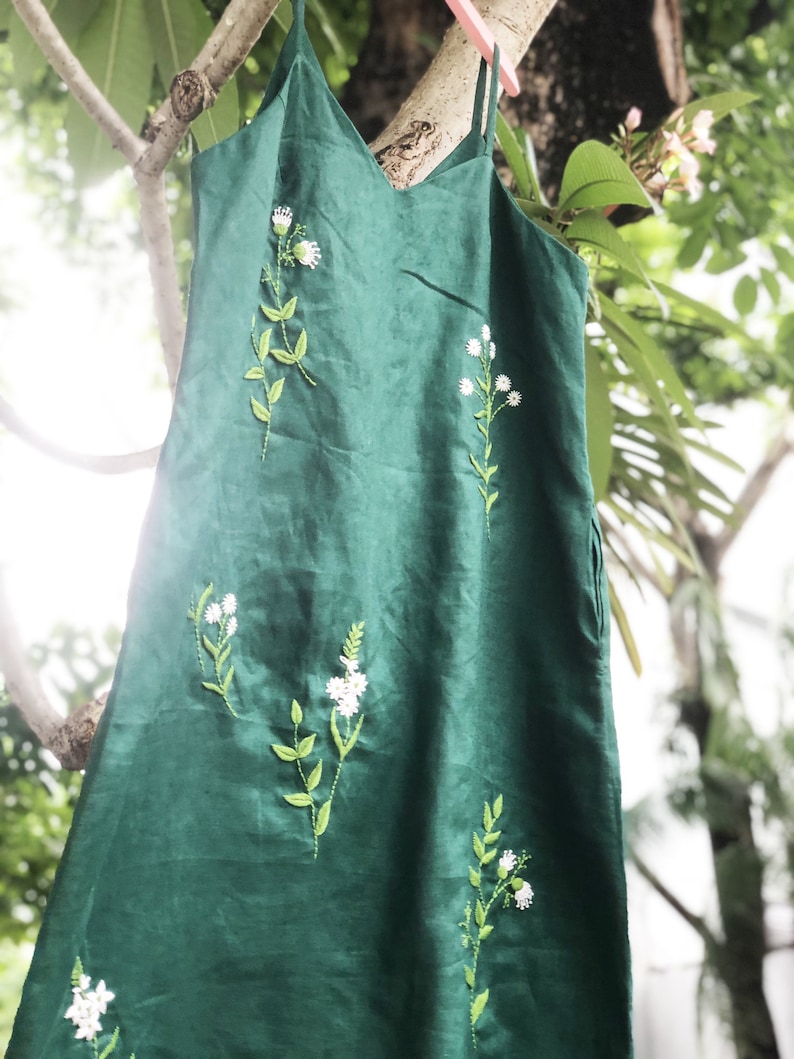 Floral embroidered linen slip dress, hand embroidery dress for women, tinythingsmadeuhappy image 3