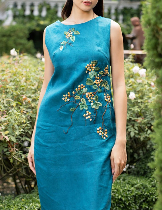 Wild fruit dress, hand embroidered linen dress, blue dress for women, tinythingsmadeuhappy Wild fruit dress, hand embroidered linen dress, blue dress for women, tinythingsmadeuhappy