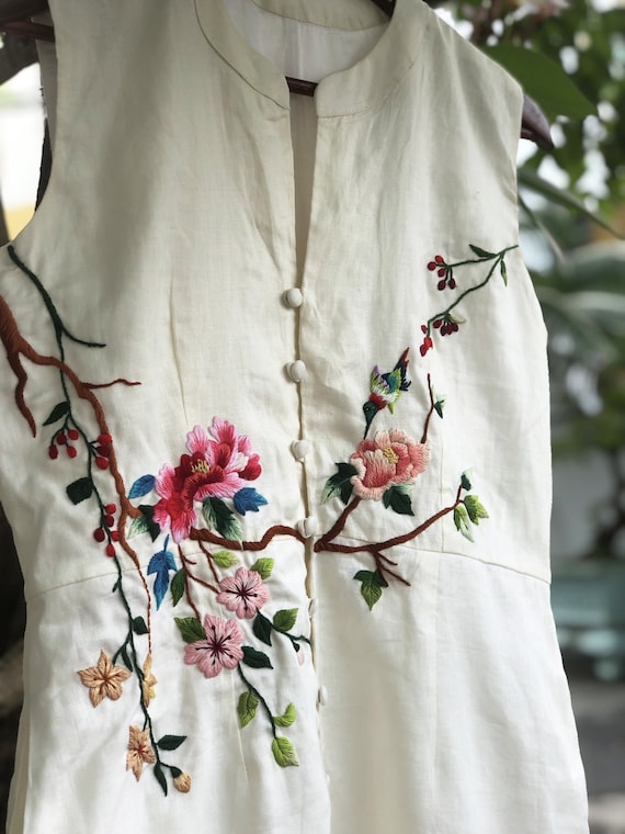 Embroidered Dress With Bird and Flowers, Hand Embroidery Dress for