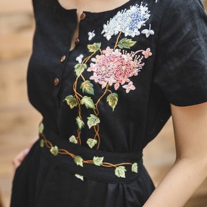 Unique black linen dress with embroidered climber tree and hydrangea, embroidered dress for woman, tinythingsmadeuhappy image 1