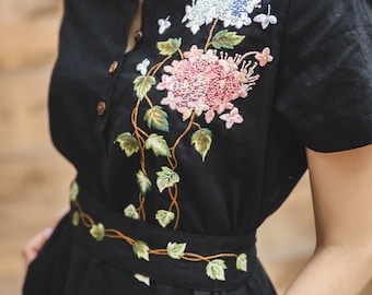 Unique black linen dress with embroidered climber tree and hydrangea, embroidered dress for woman, tinythingsmadeuhappy