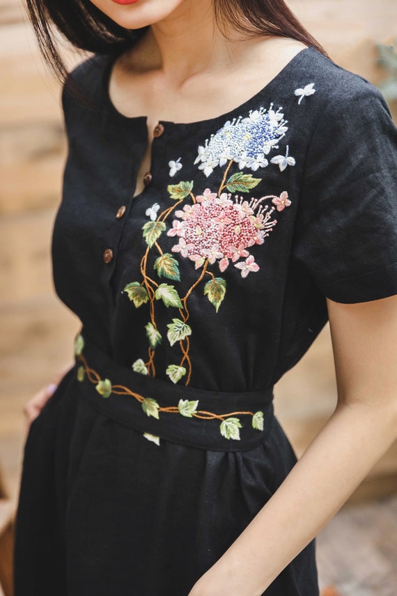 Black Linen Dress: Embroidered Hydrangea & Climber Tree Black Linen Dress: Embroidered Hydrangea & Climber Tree