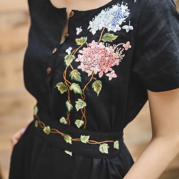 Unique black linen dress with embroidered climber tree and hydrangea, embroidered dress for woman, tinythingsmadeuhappy