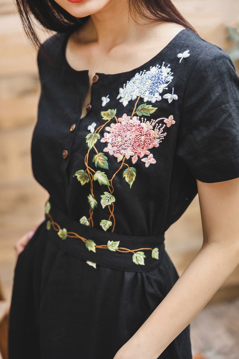 Unique black linen dress with embroidered climber tree and hydrangea, embroidered dress for woman, tinythingsmadeuhappy image 1