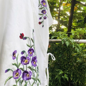 Embroidered blouse for woman with pansy flowers and lady bug,  linen wrap top, tinythingsmadeuhappy