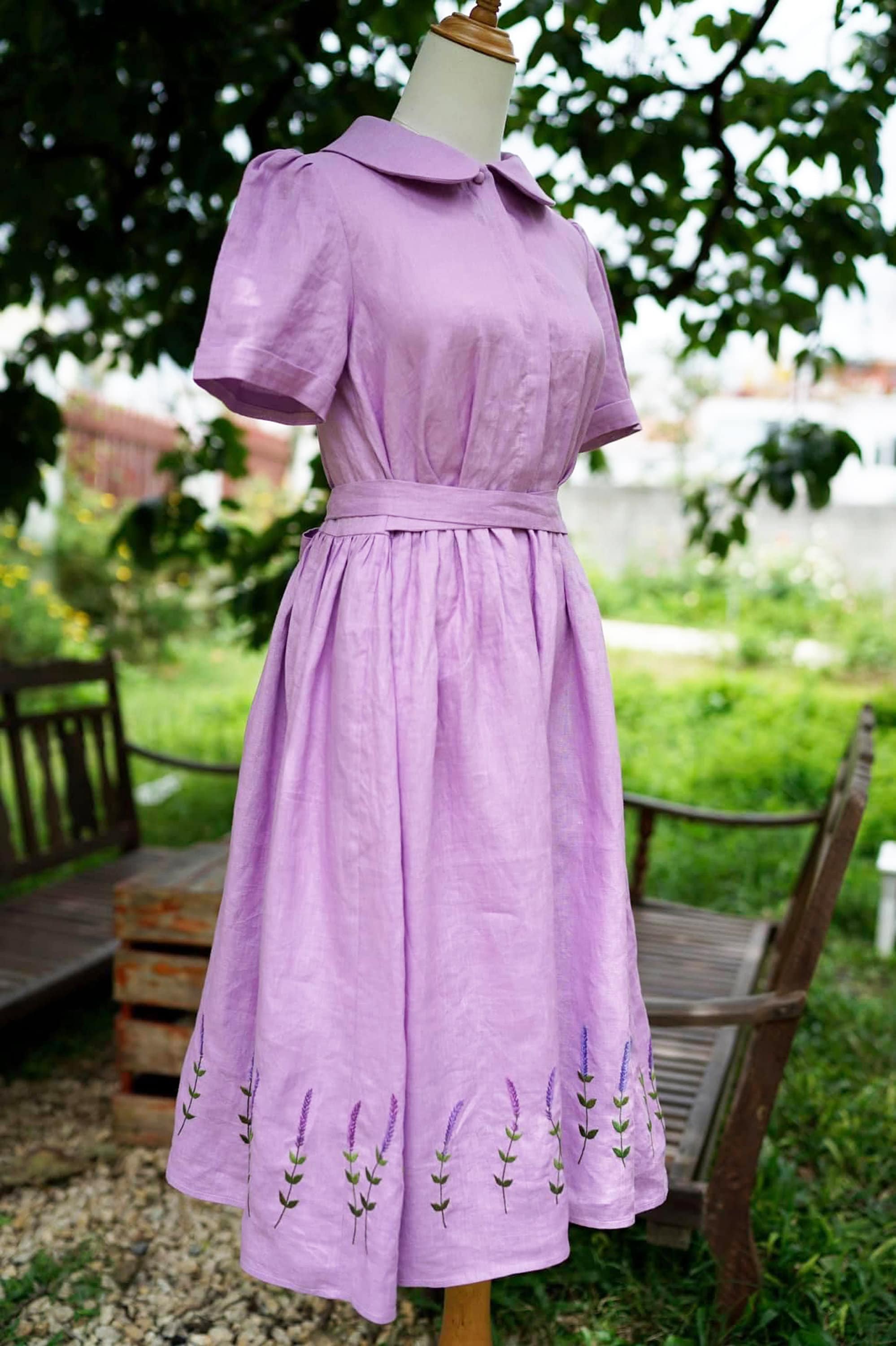 Lavender embroidered dress, made to order dress, custom linen dress for women, tinythingsmadeuhappy Lavender embroidered dress, made to order dress, custom linen dress for women, tinythingsmadeuhappy