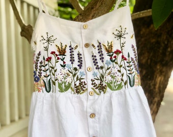 Floral linen dress, above knee slip dress, hand embroidery dress, tinythingsmadeuhappy