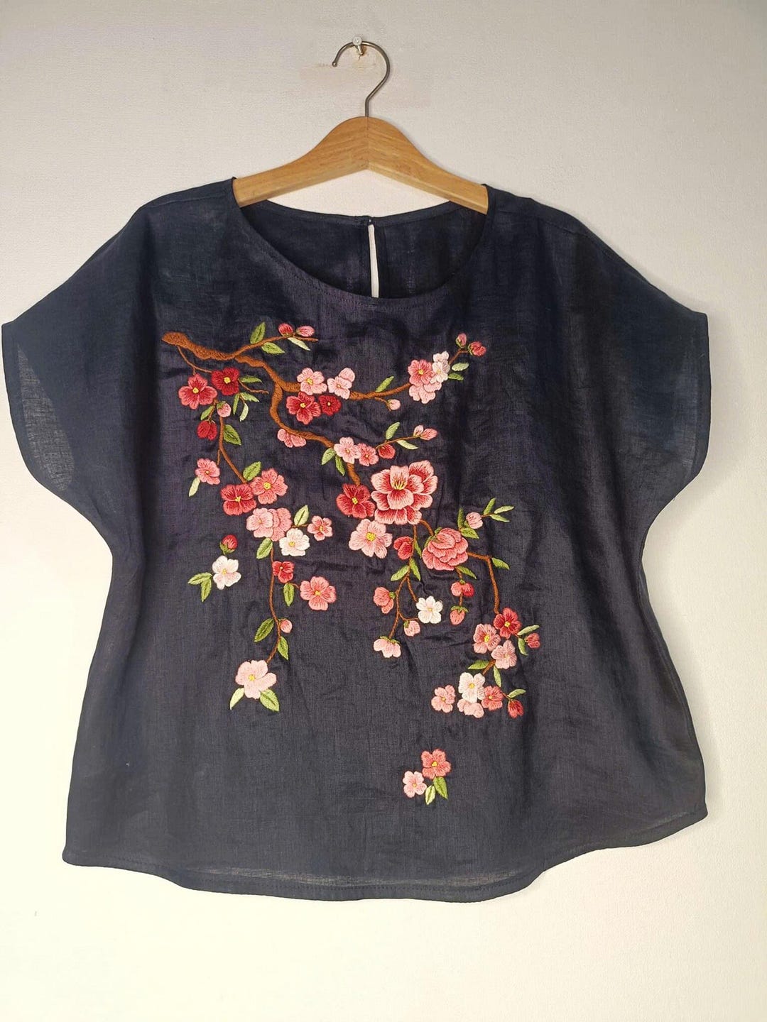 Hand Embroidery Linen Top, Linen Top for Woman With Pink Flowers Branch