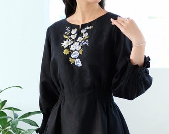 Black linen dress with hand embroidered flower, embroidered dress for woman, tinythingsmadeuhappy