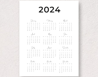 2024 Year At A Glance l 12 Month Calendar l 2024 Year Calendar l 2024 Calendar l 2024 Calendar Printable l Printable Yearly Calendar