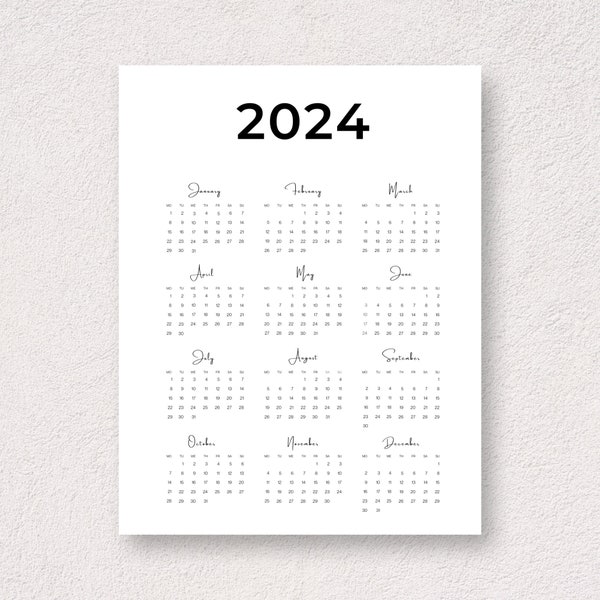 2024 Year At A Glance l 12 Month Calendar l 2024 Year Calendar l 2024 Calendar l 2024 Calendar Printable l Printable Yearly Calendar